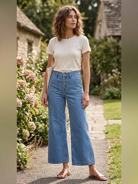 J. Crew Denim - J.Crew Point Sur High Rise Wide Leg Crop Jeans Button Fly Patch Pocket Blue